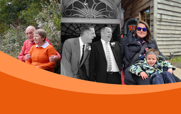 A three-panel family photo collage shows an older couple outdoors, two men leaning together, and a woman in sunglasses holding a bundled child; an orange wave spans the bottom.