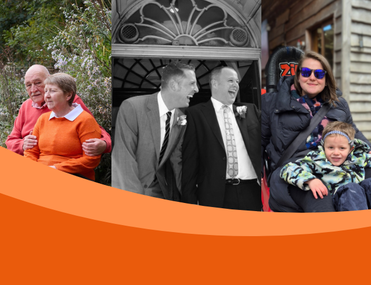 A three-panel family photo collage shows an older couple outdoors, two men leaning together, and a woman in sunglasses holding a bundled child; an orange wave spans the bottom.