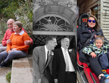 A three-panel family photo collage shows an older couple outdoors, two men leaning together, and a woman in sunglasses holding a bundled child.