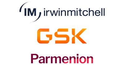 Logos for Irwin Mitchell, GSK, and Parmenion on a blank background. The Irwin Mitchell logo is blue, GSK is in orange, and Parmenion is in red.