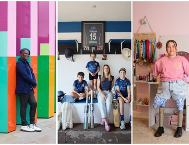 A collage of three images: Left, a person in a blue coat stands confidently in front of colourful panels. Centre, a family in sports attire stand in a room with a framed jersey. Right, a person in a pink shirt stands proudly in a pink room.