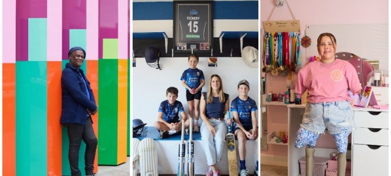 A collage of three images: Left, a person in a blue coat stands confidently in front of colourful panels. Centre, a family in sports attire stand in a room with a framed jersey. Right, a person in a pink shirt stands proudly in a pink room.