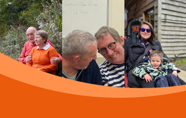 A three-panel family photo collage shows an older couple outdoors, two men leaning together, and a woman in sunglasses holding a bundled child; an orange wave spans the bottom.