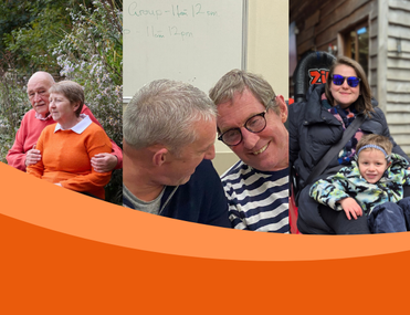 A three-panel family photo collage shows an older couple outdoors, two men leaning together, and a woman in sunglasses holding a bundled child; an orange wave spans the bottom.