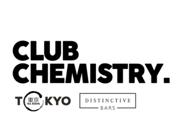 Bold black text reads "CLUB CHEMISTRY." Below are logos: "Tokyo Tea Rooms" in a circular design and "Distinctive Bars" in a minimalist box. Clean, modern style.