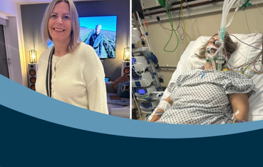 White woman with blonde bob hair cut in left of shot smiling at camera and in right of shot in a hospital bed attached to tubes