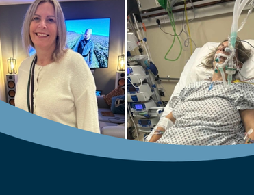 White woman with blonde bob hair cut in left of shot smiling at camera and in right of shot in a hospital bed attached to tubes
