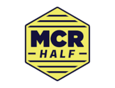 Yellow hexagonal logo with bold navy text "MCR HALF" and horizontal lines. The design is clean and simple, evoking a sporty, energetic vibe.