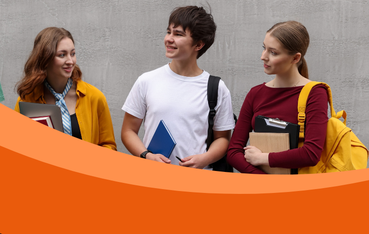 Group of three young people of different ethnicities with backpacks stand in front of grey wall