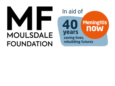 Bold "MF Mouldsdale Foundation" text is on the left. On the right, an orange circle says "Meningitis Now," with "40 years saving lives, rebuilding futures" beneath.