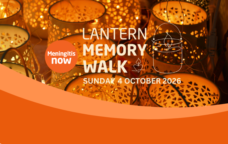 Photo of ornate lanterns glowing with Meningitis Now logo and title and date of the event overlaid