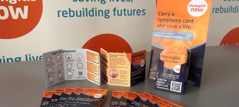 Meningitis Now's signs and symptoms cards in branded colours of navy and orange.