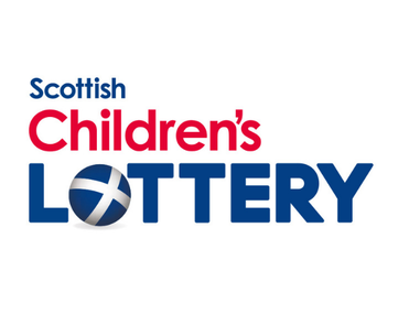 Logo for the Scottish Children's Lottery. "Children's" is in red, with "Scottish" and "LOTTERY" in blue. A Scottish flag is on a blue and white ball.