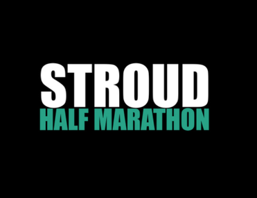 White and teal coloured text on a black background saying 'Stroud Half Marathon'