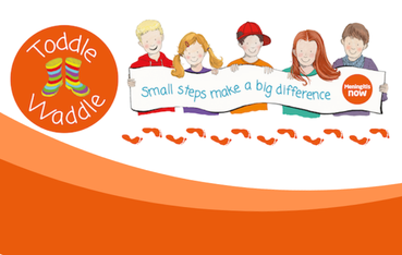 illustration of children holding a poster that reads 'small steps make a big difference' with orange Toddle Waddle logo