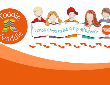 illustration of children holding a poster that reads 'small steps make a big difference' with orange Toddle Waddle logo