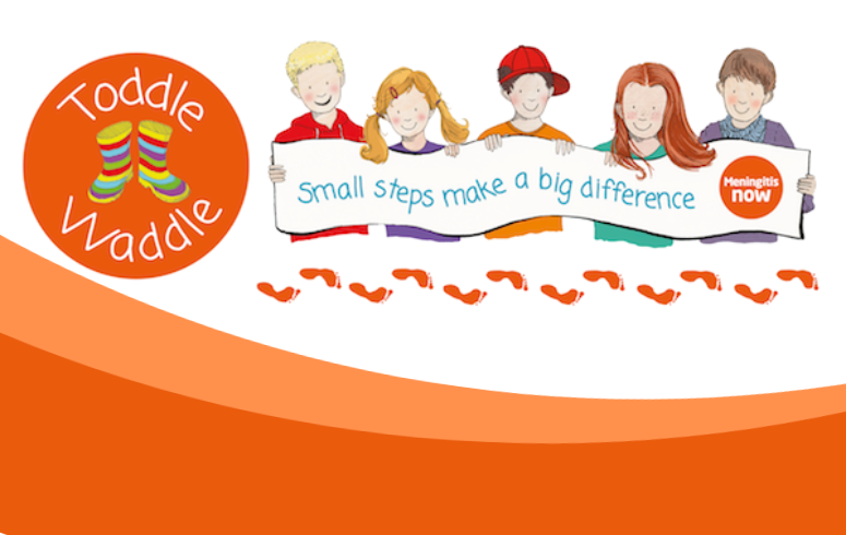 illustration of children holding a poster that reads 'small steps make a big difference' with orange Toddle Waddle logo