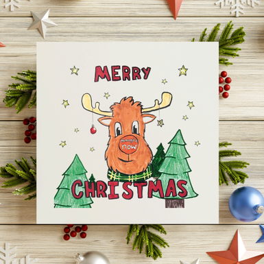 Lani's Christmas card design is drawn in coloured pencil. It's the head of a reindeer with the Meningitis Now logo on it's nose. Surrounding the reindeer are four green Christmas trees. In writing above the reindeer the words "Merry Christmas" are written
